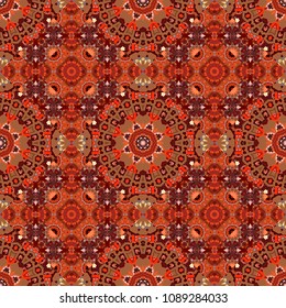 Seamless background pattern. Folk ethnic floral ornamental mandala in green, gray and blue colors. Vector abstract colorful painted kaleidoscopic graphic background.