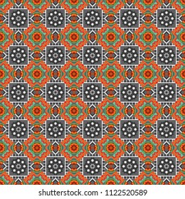Seamless background pattern. Folk ethnic floral ornamental mandala in orange, brown and gray colors. Vector abstract colorful painted kaleidoscopic graphic background.