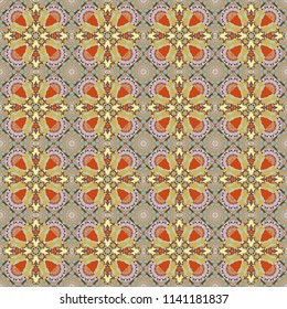 Seamless background pattern. Folk ethnic floral ornamental mandala in orange, green and brown colors. Vector abstract colorful painted kaleidoscopic graphic background.