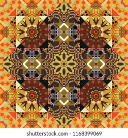 Seamless background pattern. Folk ethnic floral ornamental mandala in orange, yellow and brown colors. Vector abstract colorful painted kaleidoscopic graphic background.