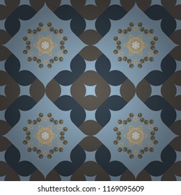 Seamless background pattern. Folk ethnic floral ornamental mandala in blue, gray and orange colors. Raster abstract colorful painted kaleidoscopic graphic background.
