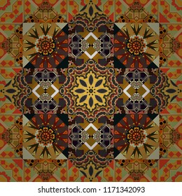 Seamless background pattern. Folk ethnic floral ornamental mandala in brown, orange and yellow colors. Vector abstract colorful painted kaleidoscopic graphic background.