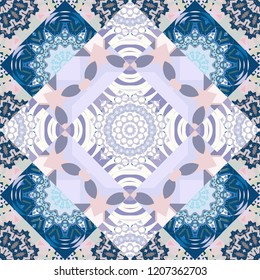Seamless background pattern. Folk ethnic floral ornamental mandala in blue, violet and gray colors. Vector abstract colorful painted kaleidoscopic graphic background.