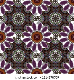 Seamless background pattern. Folk ethnic floral ornamental mandala in gray, white and brown colors. Vector abstract colorful painted kaleidoscopic graphic background.