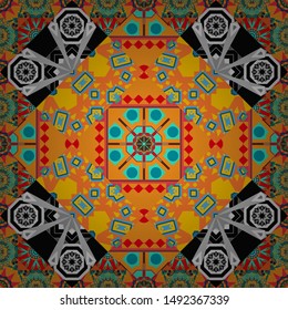 Seamless background pattern. Folk ethnic floral ornamental mandala in blue, orange and gray colors. Vector abstract colorful painted kaleidoscopic graphic background.