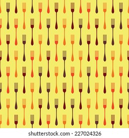 Seamless background pattern with forks. Silhouette forks. Colorful fork. Cutlery. Fork silhouettes on different colors. 