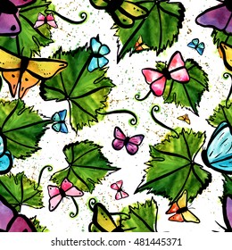A seamless background pattern with a freehand vector and watercolour drawing of a green vine leaf with a tendril, with butterflies; hand painted on white background