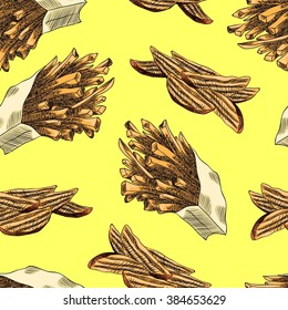 Seamless background with a pattern of french fries and potato wedges