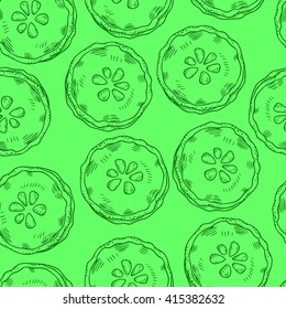 Seamless background with a pattern of fresh juicy sliced cucumber with seeds