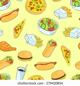Seamless background with a pattern of fried chicken, salad with cabbage, tomatoes, cucumbers and peppers, soda, shawarma, hot dog, burger, french potato, pizza. Fast food