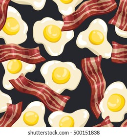 Seamless background with a pattern of fried eggs and a strip of bacon for breakfast