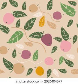 Seamless background, pattern, fruits, berries, green leaves. Vector image. Idea for wallpapers, textiles, fabrics, wrapping paper.