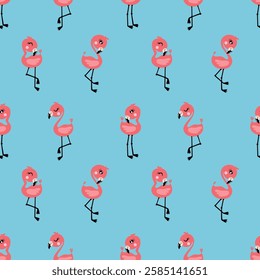 Seamless background pattern with fun and whimsical tropical flamingos