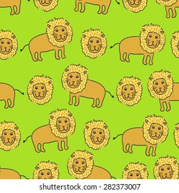 Seamless background with a pattern of funny cartoon lions