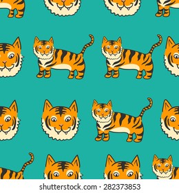 Seamless background with a pattern of funny cartoon tigers