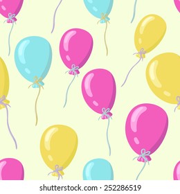 Seamless background with a pattern of funny drawn pink, blue and yellow balloons