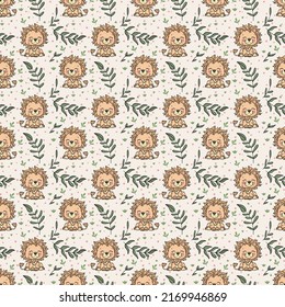 Seamless background pattern with funny lion and leaves
