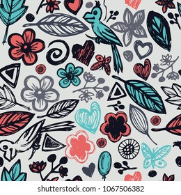 Seamless background with a pattern of geometric flowers. Floral background. Summer background with the plant design in the Scandinavian style. Vector Ditsy print.