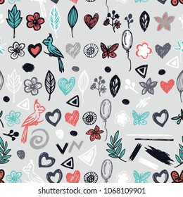 Seamless background with a pattern of geometric flowers. Floral background. Summer background with the plant design in the Scandinavian style. Vector Ditsy print.