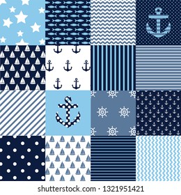 Seamless background pattern. Geometric patchwork pattern of a squares in nautical style, vector illustration