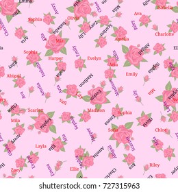 Seamless background pattern with girl name on red rose . Girl name seamless vector.