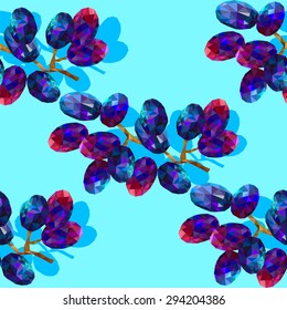 Seamless background pattern with grapes, bright multicolored polygons, cut grapes, stone jewelry, branch of berries.
