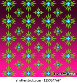 Seamless background pattern of green cannabis (marijuana leaves) with blue medical cross sign on a pink background, vector illustration. EPS10/ILLUSTRATION