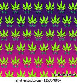 Seamless background pattern of green cannabis (marijuana leaves) on pink and purple background, vector illustration. EPS10/ILLUSTRATION