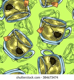 Seamless background with a pattern of green tea in transparent cups
