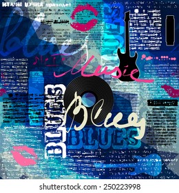 Seamless background pattern. Grunge blue newspaper with original inscriptions Blues and music and guitar silhouette.