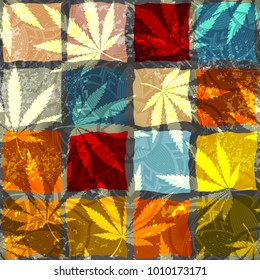 Seamless background pattern. Grunge ethnic background and hemp leaves.