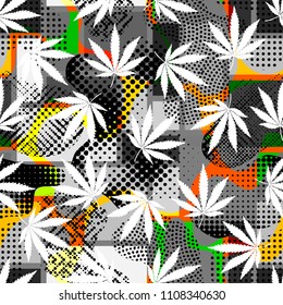 Seamless background pattern. Grunge ethnic background and hemp leaves.