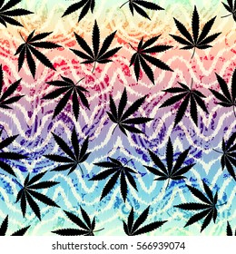 Seamless background pattern. Grunge ethnic background and hemp leaves.