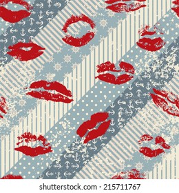 Seamless background pattern. Grunge pattern in nautical style with imprints of lipstick