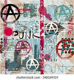 Seamless Background Pattern. Grunge Newspaper With Word Punk And Anarchy Symbols.