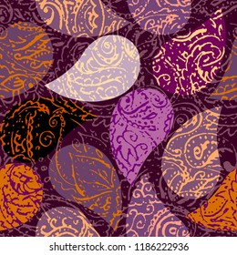 Seamless background pattern. Grunge paisley pattern in collage patchwork style. Ethnic indian style.