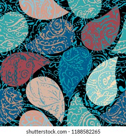 Seamless background pattern. Grunge paisley pattern in collage patchwork style. Ethnic indian style.