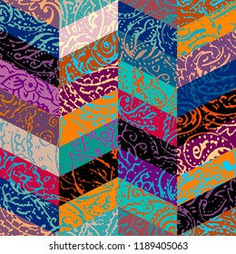 Seamless background pattern. Grunge paisley pattern in collage patchwork style. Ethnic indian style.
