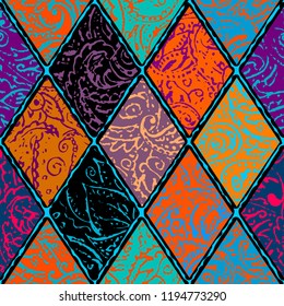 Seamless background pattern. Grunge paisley pattern in collage patchwork style. Ethnic indian style.