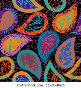 Seamless background pattern. Grunge paisley pattern in collage patchwork style. Ethnic indian style.