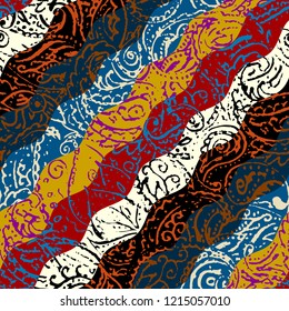 Seamless background pattern. Grunge paisley pattern in collage patchwork style. Ethnic indian style.