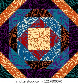 Seamless background pattern. Grunge paisley pattern in collage patchwork style. Ethnic indian style.