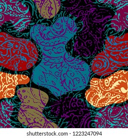 Seamless background pattern. Grunge paisley pattern in collage patchwork style. Ethnic indian style.