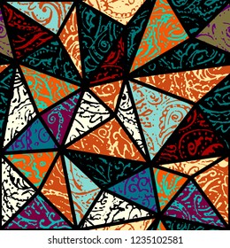 Seamless background pattern. Grunge paisley pattern in collage patchwork style. Ethnic indian style.