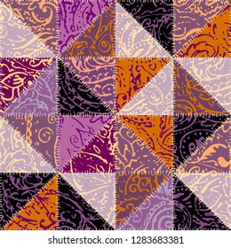 Seamless background pattern. Grunge paisley pattern in collage patchwork style. Ethnic indian style.