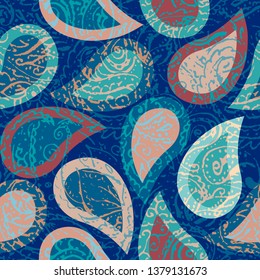 Seamless background pattern. Grunge paisley pattern in collage patchwork style. Ethnic indian style.