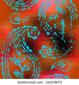 Seamless background pattern. Grunge paisley on orange pixels background