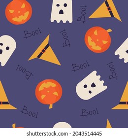 Seamless background or pattern for halloween with ghost,pumpkin and witch hat