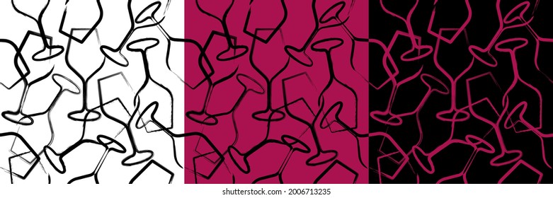 Seamless background pattern. Hand drawn wine glasses pattern, shapes with strokes. Background for decoration of textile garments, packaging, web designs, brochures, posters. Vector illustration