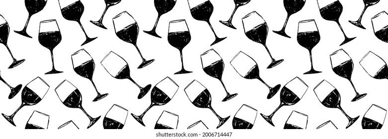 Seamless background pattern. Hand drawn wine glasses pattern. Background for decoration of textile garments, fabrics, packaging, web designs, brochures, posters. Vector illustration